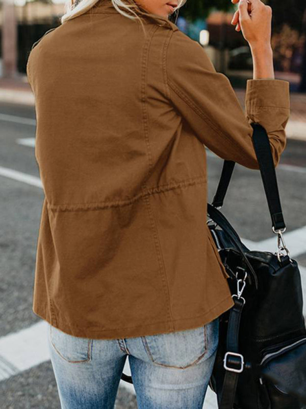 Slim fashion trendy solid color loose zippered multi-pocket jacket coat kakaclo