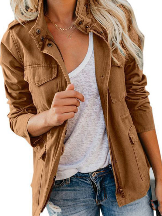 Slim fashion trendy solid color loose zippered multi-pocket jacket coat kakaclo