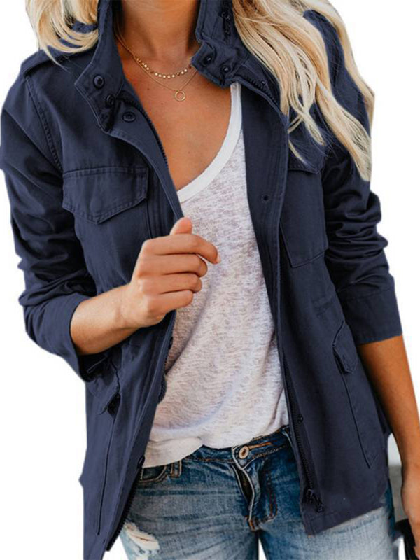 Slim fashion trendy solid color loose zippered multi-pocket jacket coat kakaclo