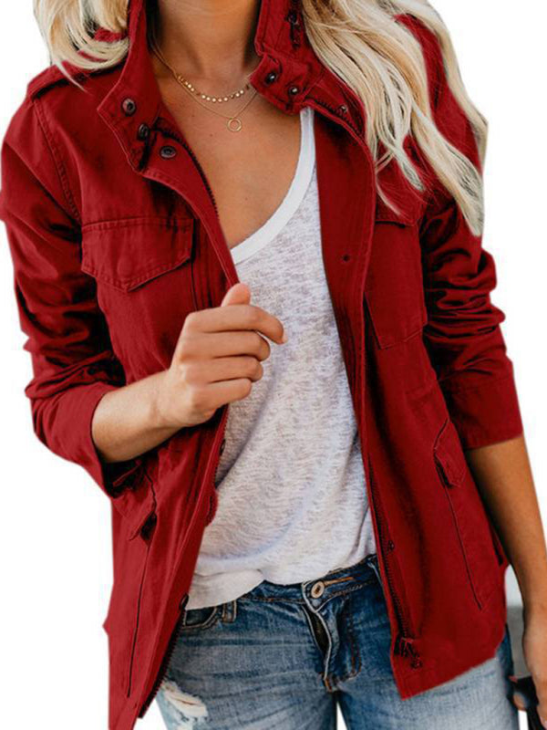 Slim fashion trendy solid color loose zippered multi-pocket jacket coat kakaclo