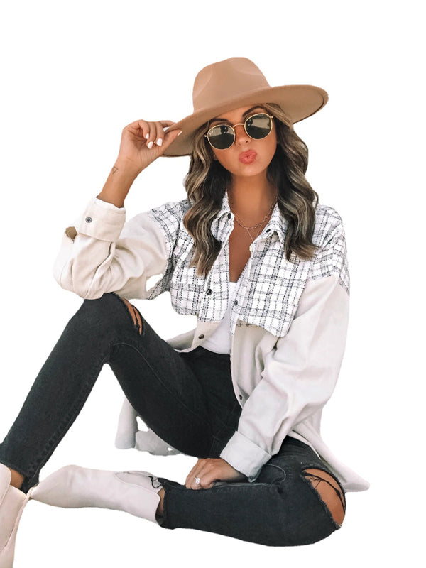 style lapel long sleeve pocket plaid corduroy jacket kakaclo
