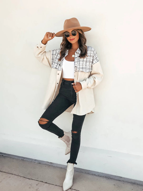 style lapel long sleeve pocket plaid corduroy jacket kakaclo