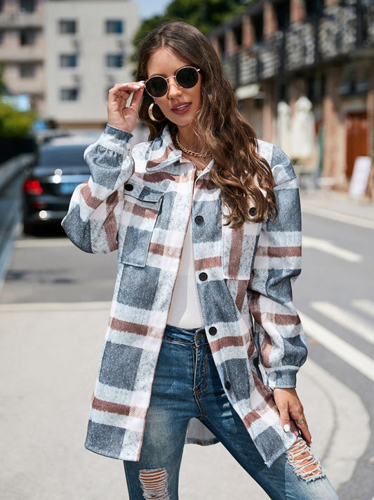 Autumn and Winter Street Plaid Lapel Long Woolen Jacket BLUE ZONE PLANET