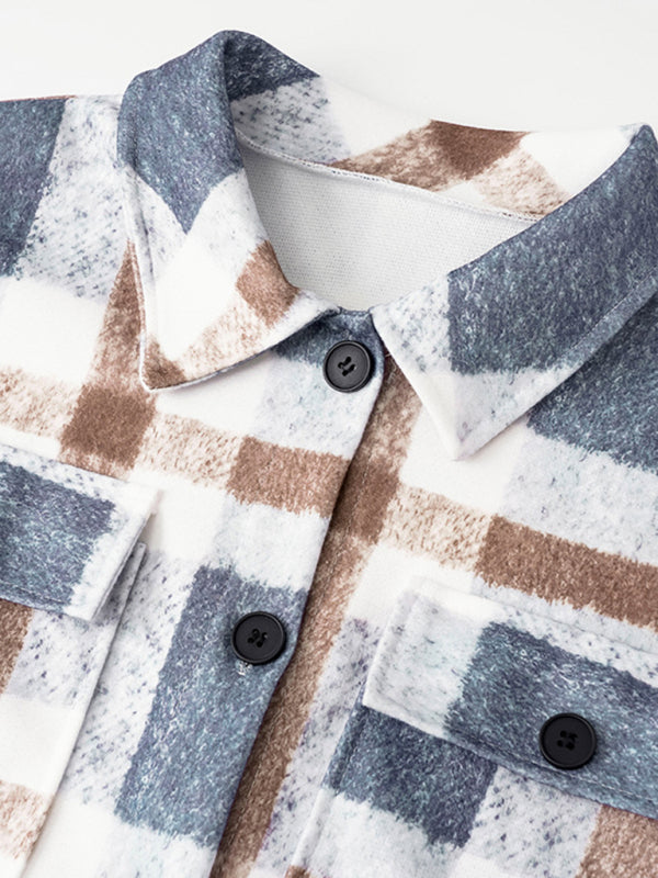 Autumn and Winter Street Plaid Lapel Long Woolen Jacket BLUE ZONE PLANET