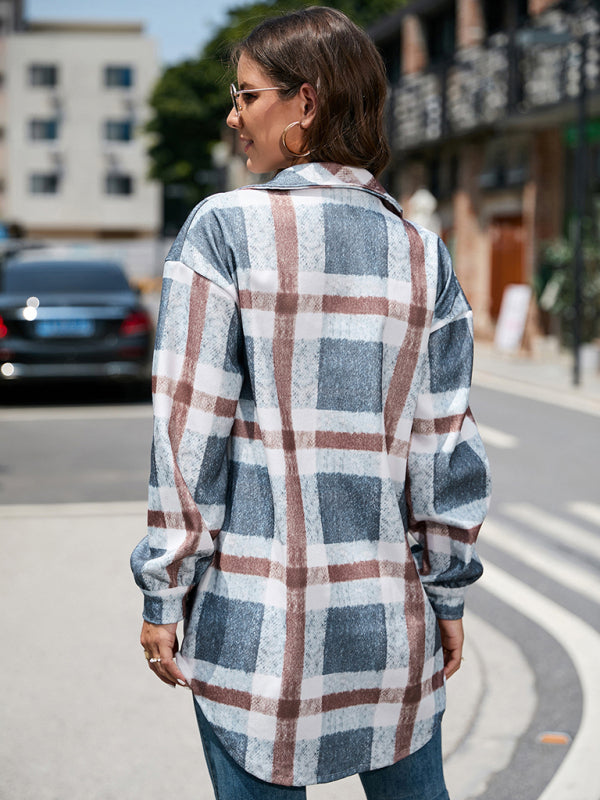 Autumn and Winter Street Plaid Lapel Long Woolen Jacket BLUE ZONE PLANET