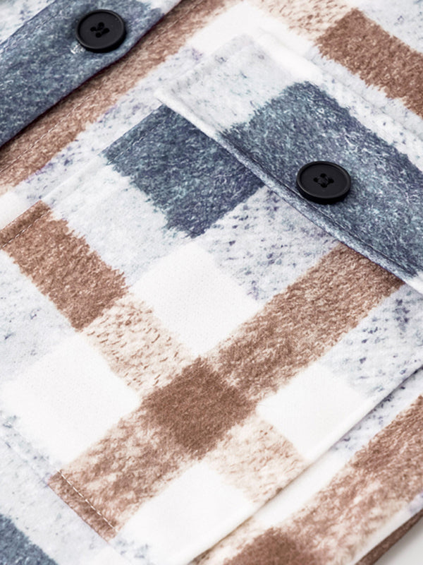 Autumn and Winter Street Plaid Lapel Long Woolen Jacket BLUE ZONE PLANET