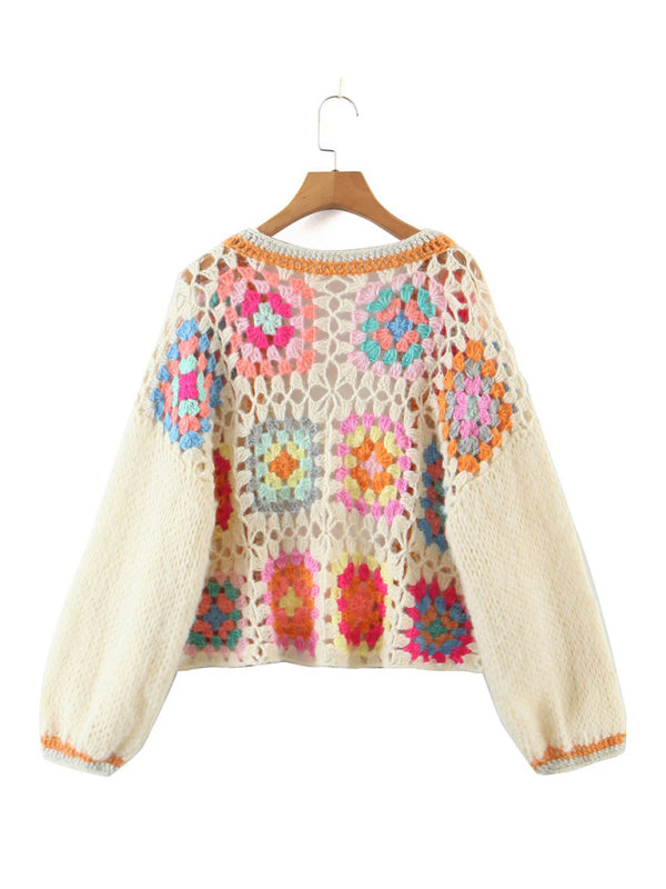 loose color block crochet cardigan kakaclo