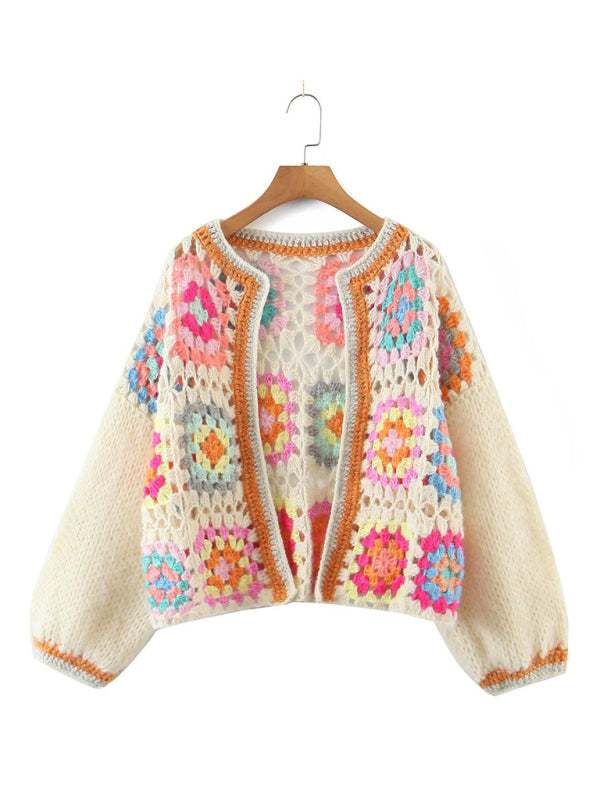 loose color block crochet cardigan kakaclo