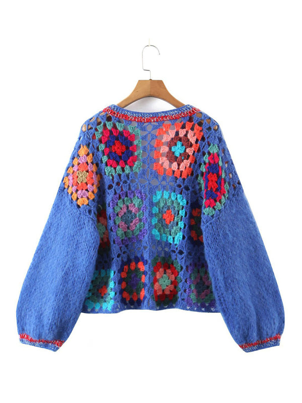 loose color block crochet cardigan kakaclo