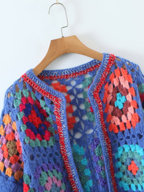 loose color block crochet cardigan kakaclo