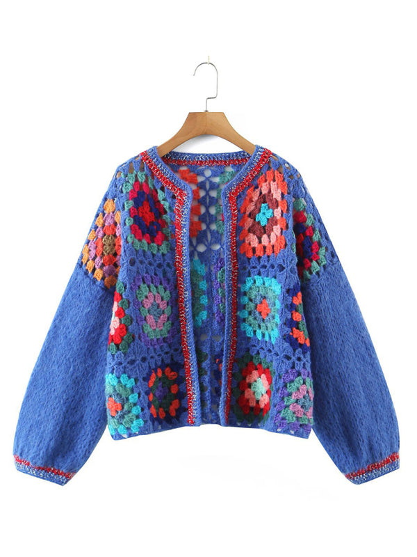 loose color block crochet cardigan kakaclo