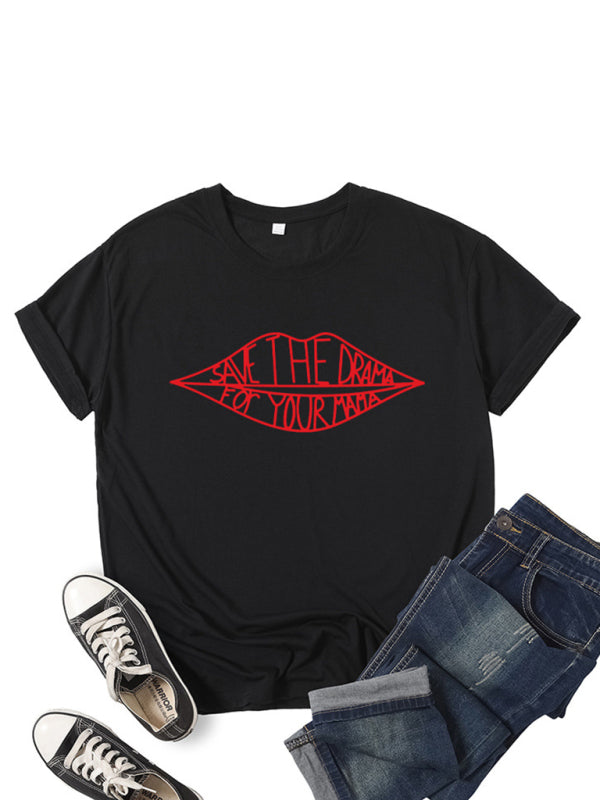 Blue Zone Planet |  Women's SAVE THEDRAMA lip graphic print short-sleeved T-shirt kakaclo