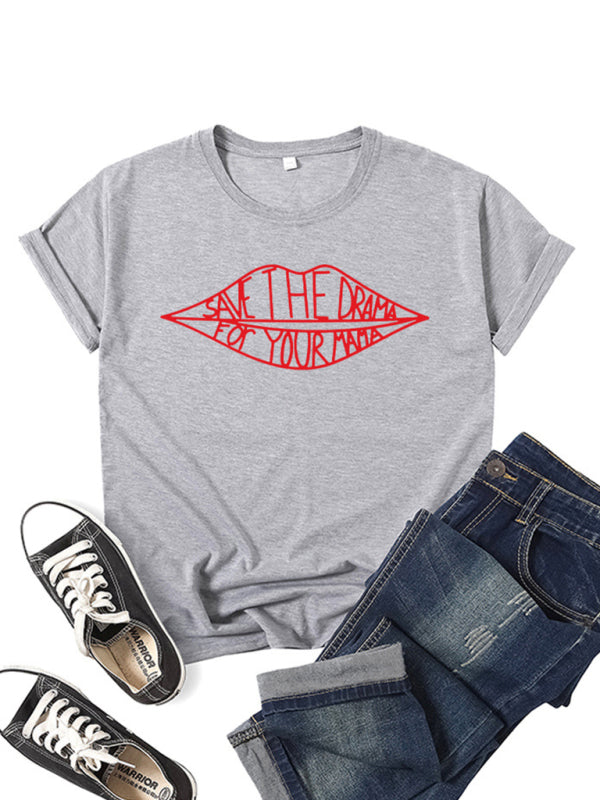 Blue Zone Planet |  Women's SAVE THEDRAMA lip graphic print short-sleeved T-shirt kakaclo