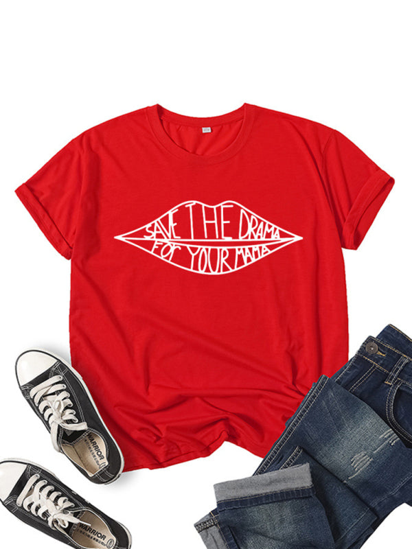 Blue Zone Planet |  Women's SAVE THEDRAMA lip graphic print short-sleeved T-shirt kakaclo