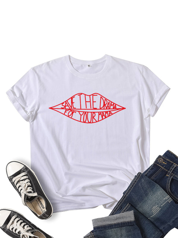 Blue Zone Planet |  Women's SAVE THEDRAMA lip graphic print short-sleeved T-shirt kakaclo