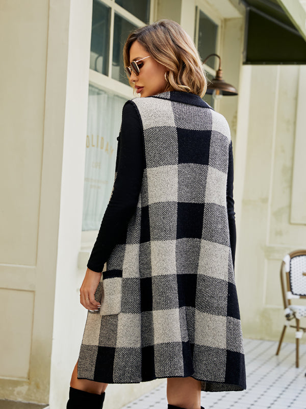 Blue Zone Planet | Sleeveless sweater jacket plaid jacquard vest cardigan BLUE ZONE PLANET