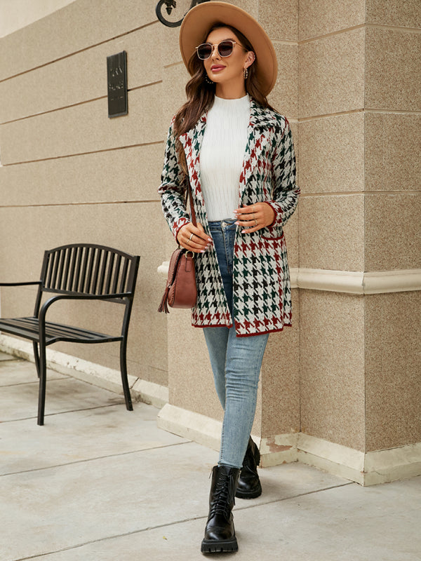 Blue Zone Planet | houndstooth lapel knitted cardigan BLUE ZONE PLANET