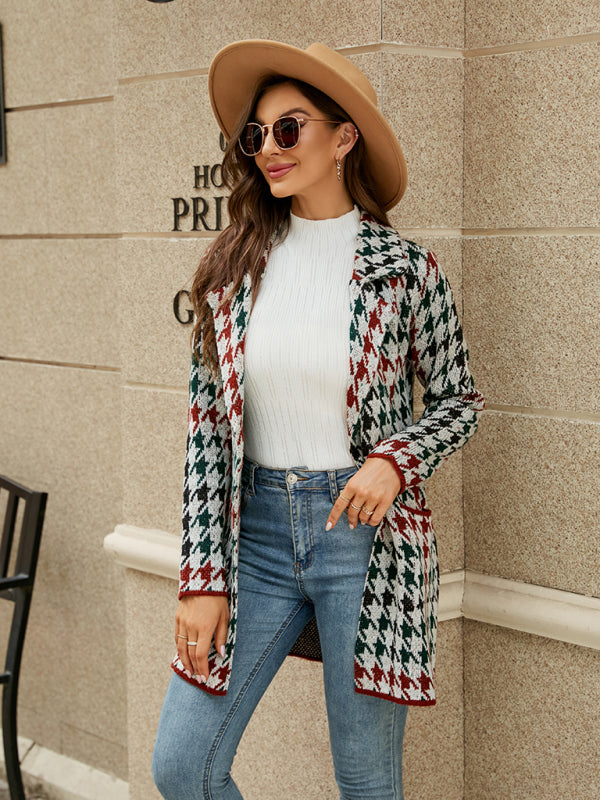 Blue Zone Planet | houndstooth lapel knitted cardigan BLUE ZONE PLANET