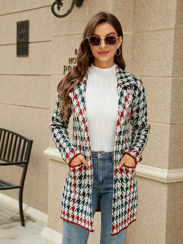 Blue Zone Planet | houndstooth lapel knitted cardigan BLUE ZONE PLANET
