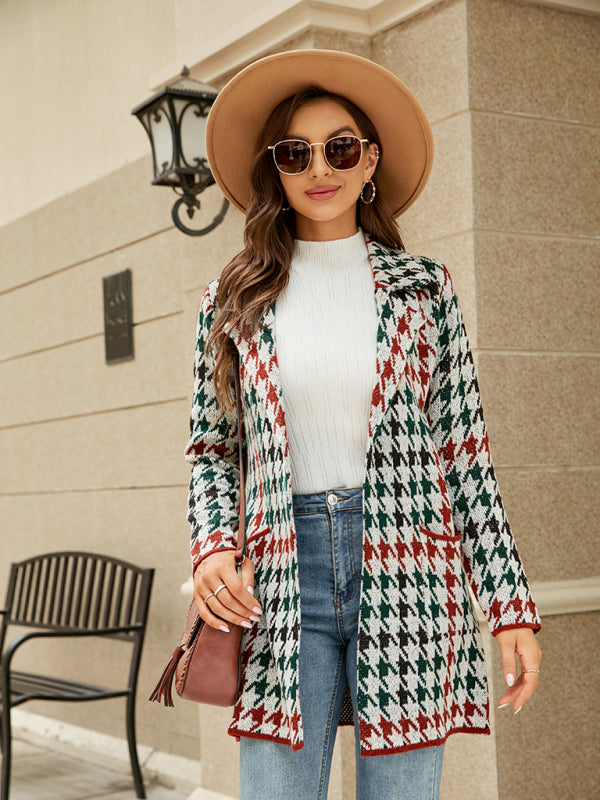 Blue Zone Planet | houndstooth lapel knitted cardigan BLUE ZONE PLANET
