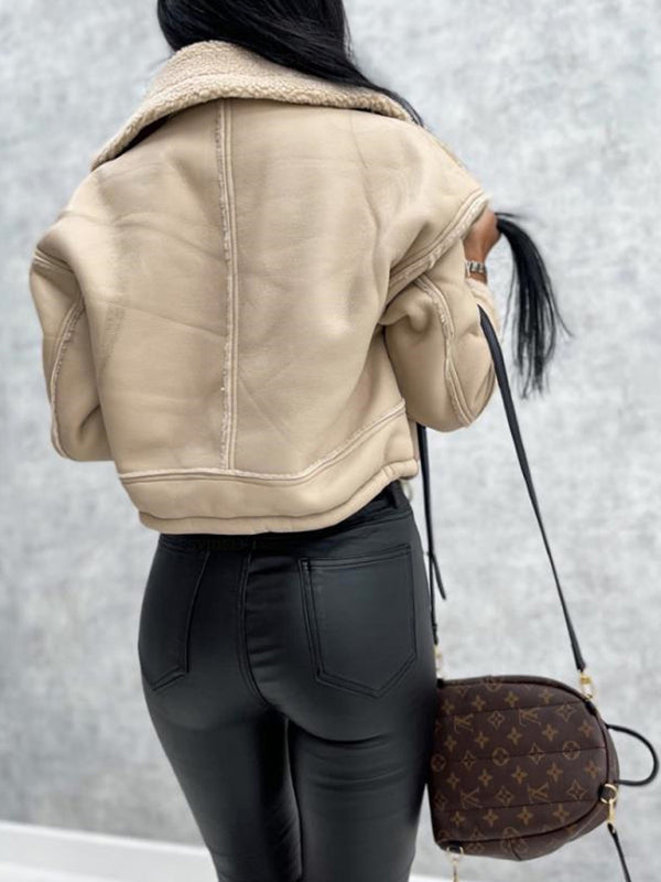 lamb wool short coat zipper motorcycle style jacket top kakaclo