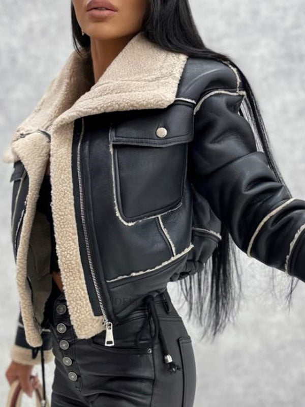 lamb wool short coat zipper motorcycle style jacket top kakaclo