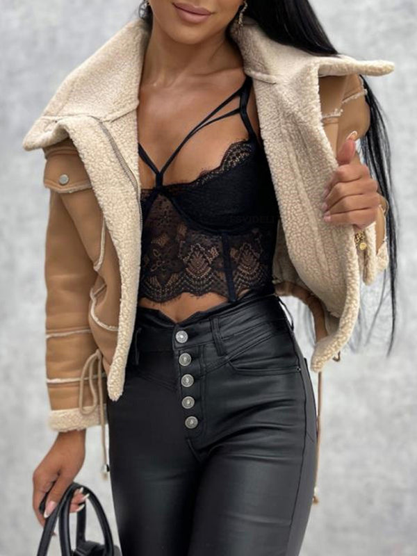 lamb wool short coat zipper motorcycle style jacket top kakaclo