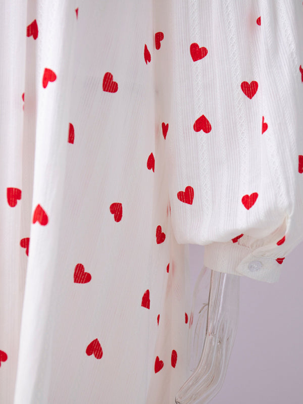 Blue Zone Planet | Red Love Print Spliced Long Lantern Sleeve Pure Cotton Swing Dress kakaclo