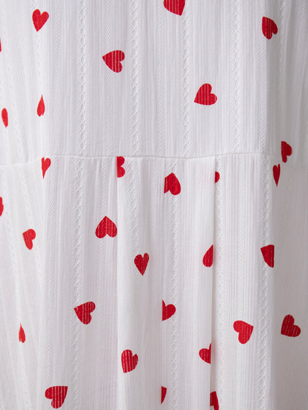 Blue Zone Planet | Red Love Print Spliced Long Lantern Sleeve Pure Cotton Swing Dress kakaclo
