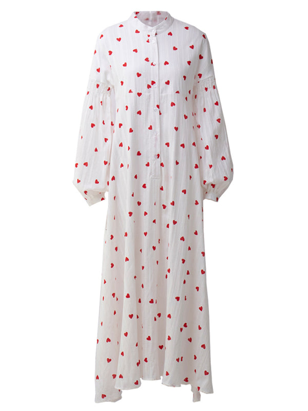 Blue Zone Planet | Red Love Print Spliced Long Lantern Sleeve Pure Cotton Swing Dress kakaclo