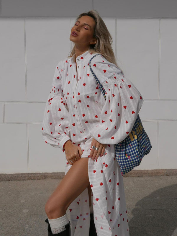 Blue Zone Planet | Red Love Print Spliced Long Lantern Sleeve Pure Cotton Swing Dress kakaclo