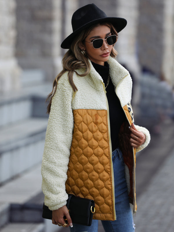Plush Quilted Zip Stand Collar Jacket kakaclo