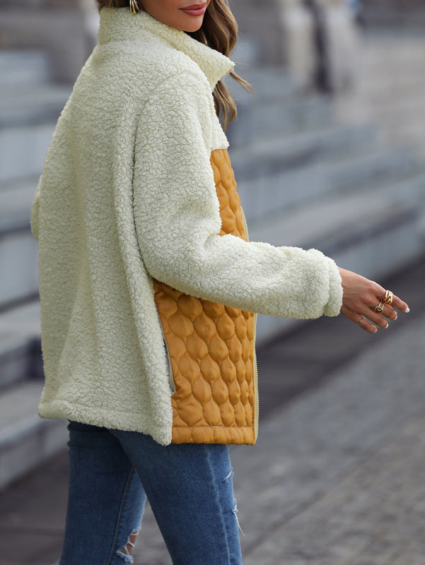 Plush Quilted Zip Stand Collar Jacket kakaclo