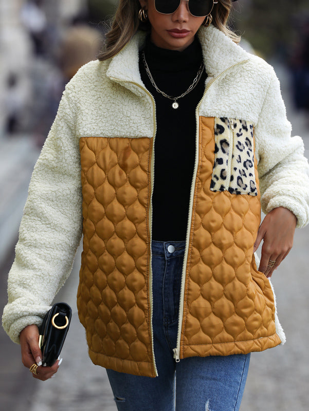 Plush Quilted Zip Stand Collar Jacket kakaclo