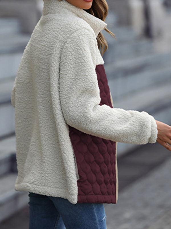 Plush Quilted Zip Stand Collar Jacket kakaclo