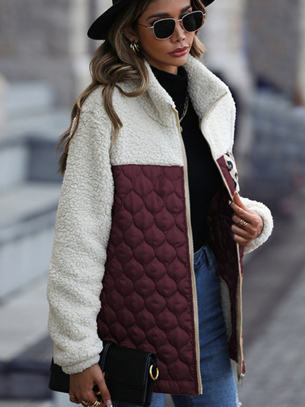 Plush Quilted Zip Stand Collar Jacket kakaclo
