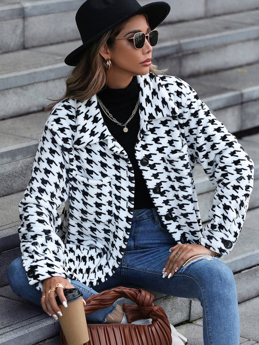 Plush Long Sleeve Loose Houndstooth Jacket kakaclo