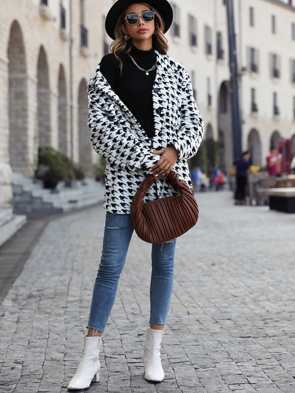 Plush Long Sleeve Loose Houndstooth Jacket kakaclo