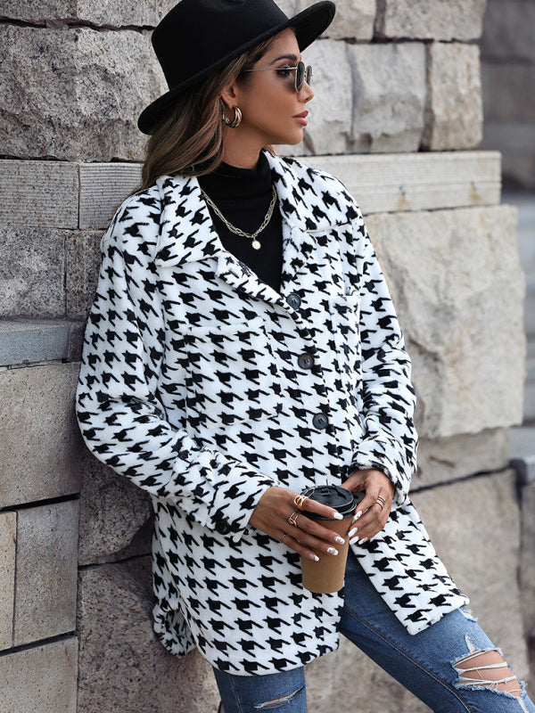 Plush Long Sleeve Loose Houndstooth Jacket kakaclo