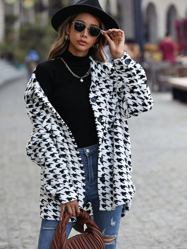 Plush Long Sleeve Loose Houndstooth Jacket kakaclo