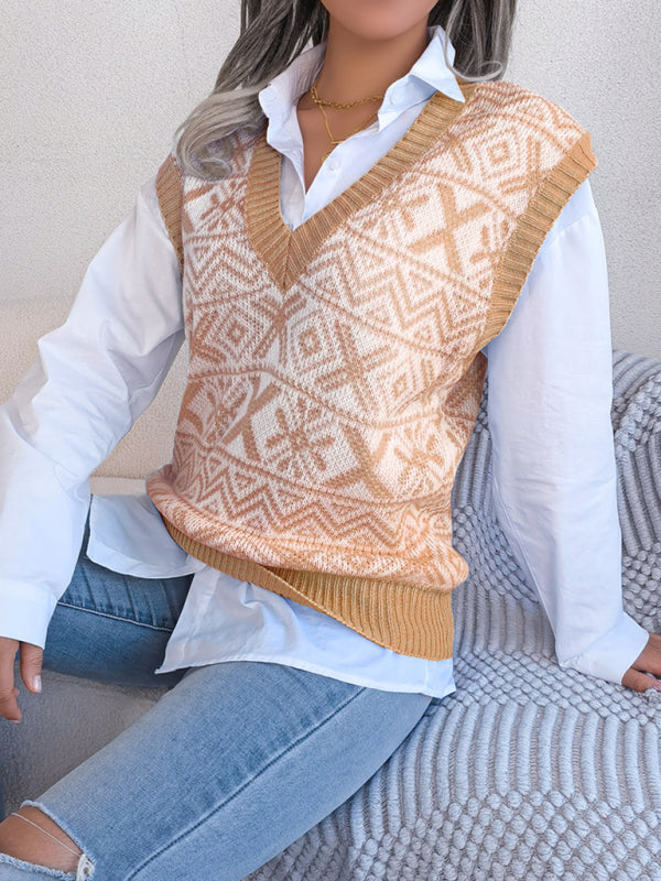 Women's new Christmas snowflake pattern V-neck knitted vest sweater BLUE ZONE PLANET
