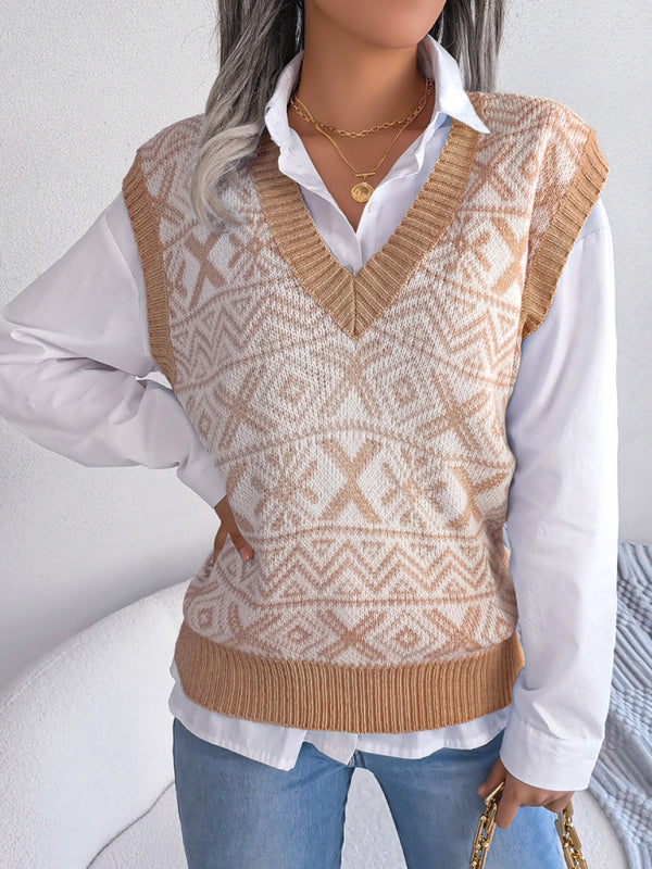 Women's new Christmas snowflake pattern V-neck knitted vest sweater BLUE ZONE PLANET