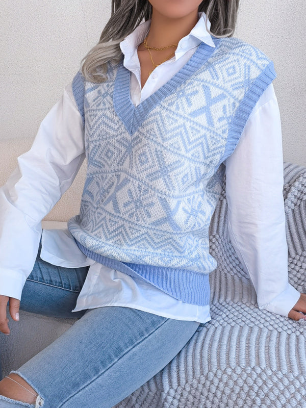 Women's new Christmas snowflake pattern V-neck knitted vest sweater BLUE ZONE PLANET