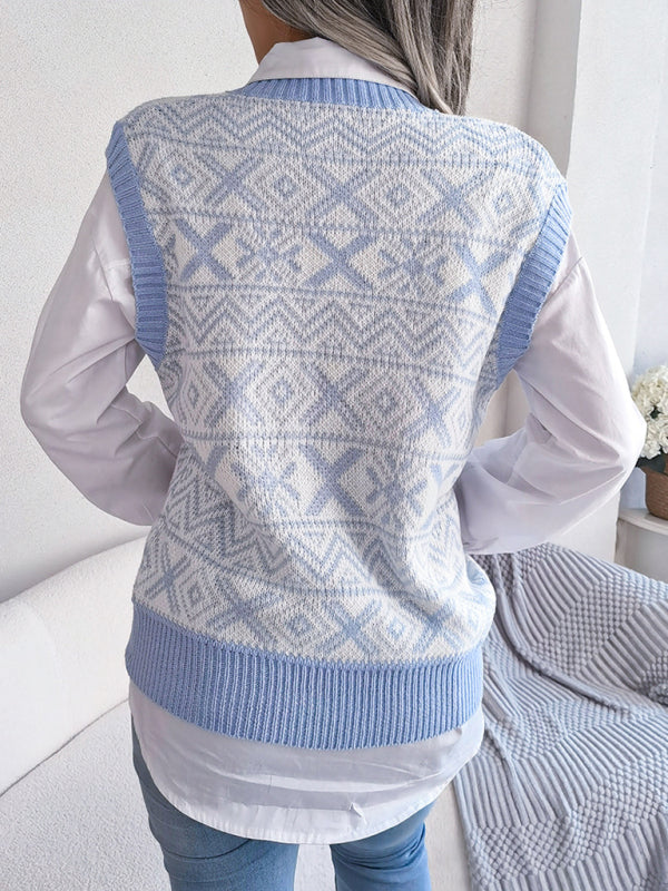 Women's new Christmas snowflake pattern V-neck knitted vest sweater BLUE ZONE PLANET