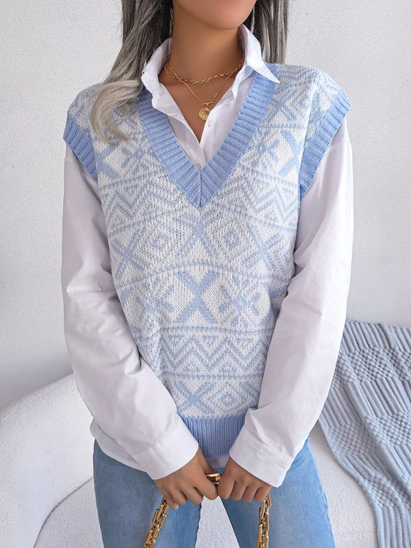 Women's new Christmas snowflake pattern V-neck knitted vest sweater BLUE ZONE PLANET