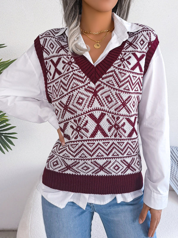 Women's new Christmas snowflake pattern V-neck knitted vest sweater BLUE ZONE PLANET