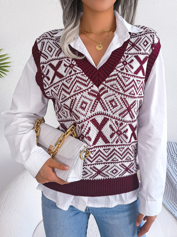 Women's new Christmas snowflake pattern V-neck knitted vest sweater BLUE ZONE PLANET