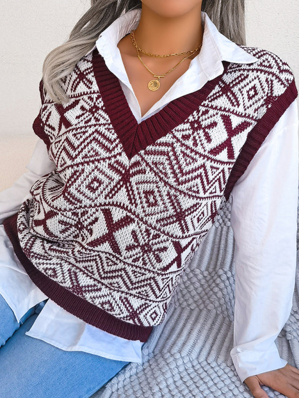Women's new Christmas snowflake pattern V-neck knitted vest sweater BLUE ZONE PLANET