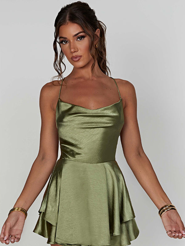 spaghetti strap satin backless strappy A-hem dress BLUE ZONE PLANET