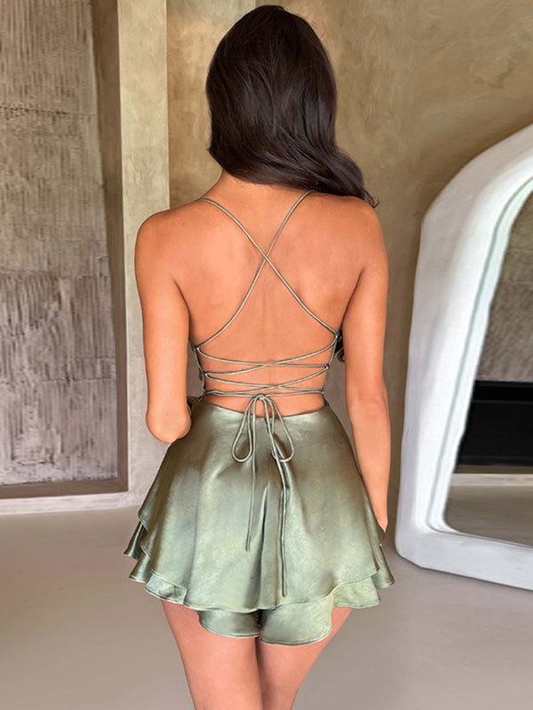 spaghetti strap satin backless strappy A-hem dress BLUE ZONE PLANET